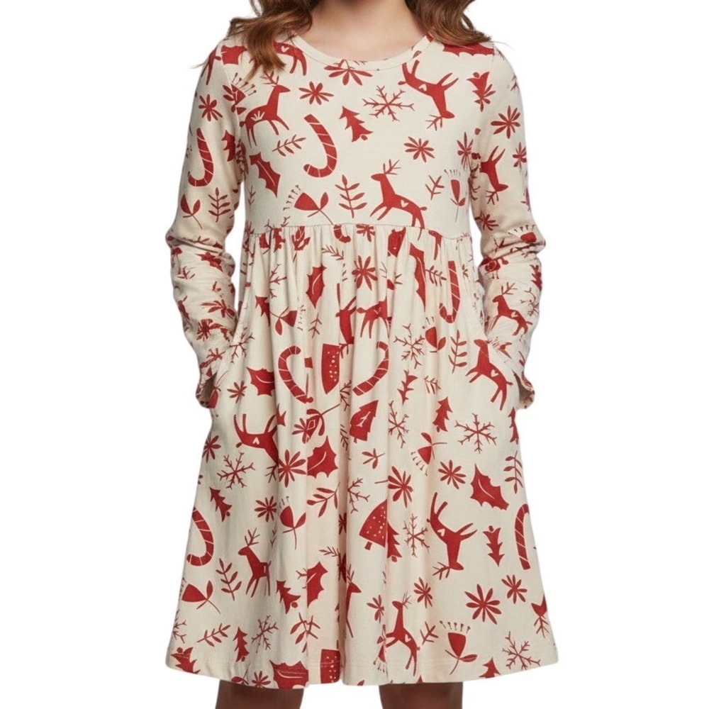 Hanna Andersson Cream Red Reindeer Snowflake Candy Cane Long Sleeve Dress Size 5